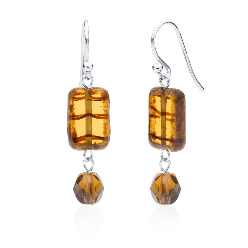 Glass Earring With Crystal Dangle in Amber Tortoise