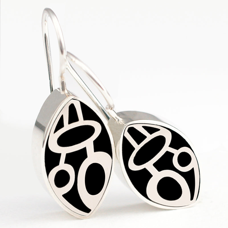Black and Sterling Ellipse Dappled Wire Earrings
