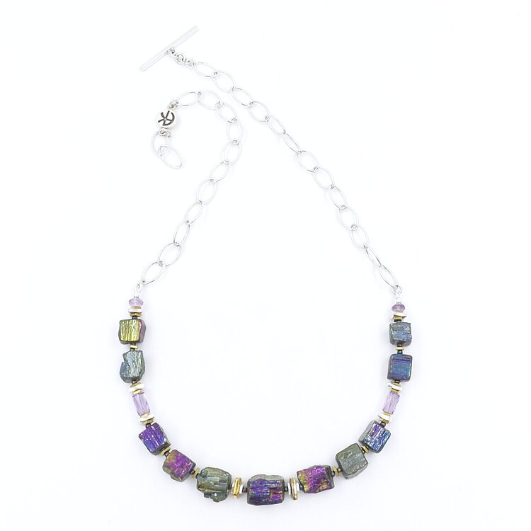 Raw Pyrite With Silver Chain and Amethyst