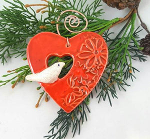 Copper and Porcelain Bird On Heart Ornament