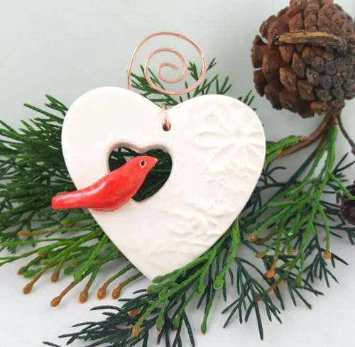 Copper and Porcelain Bird On Heart Ornament